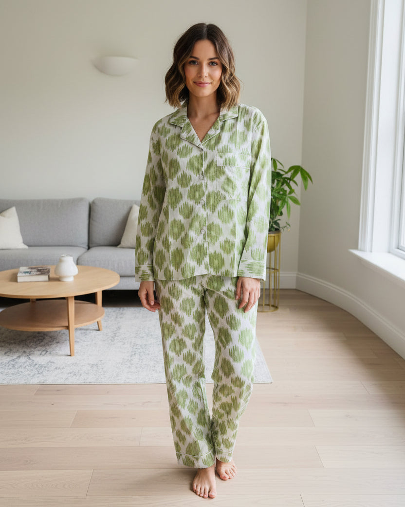 Green Hand Block Printed Long PJ Set