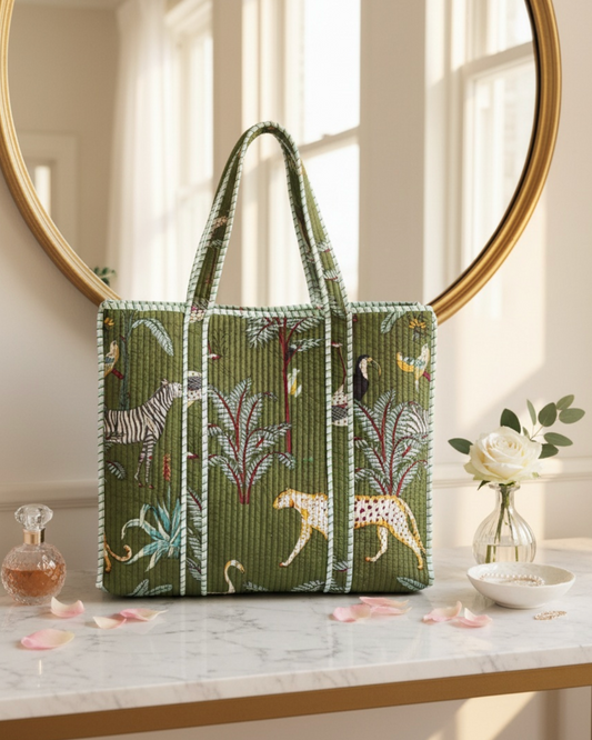 Block Printed Green Tote Bag