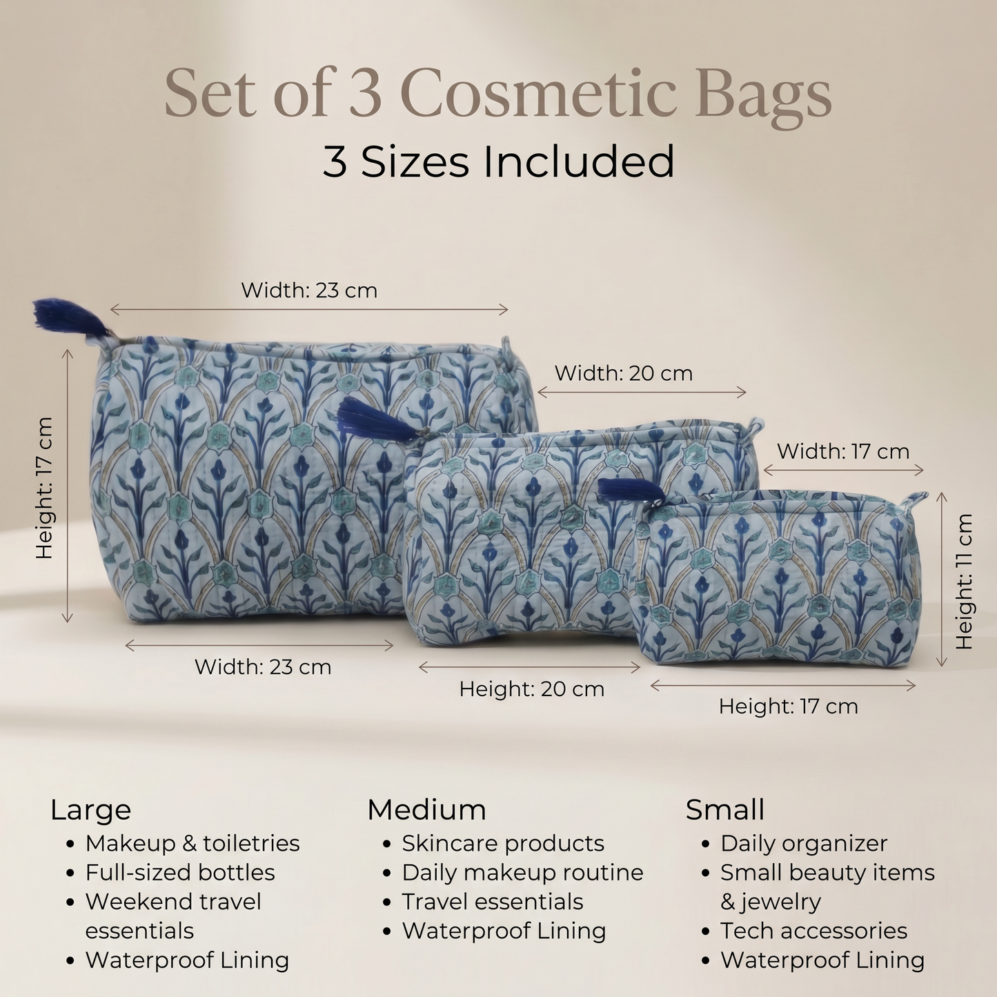 Royal Blue Block Print Set of 3 Bags