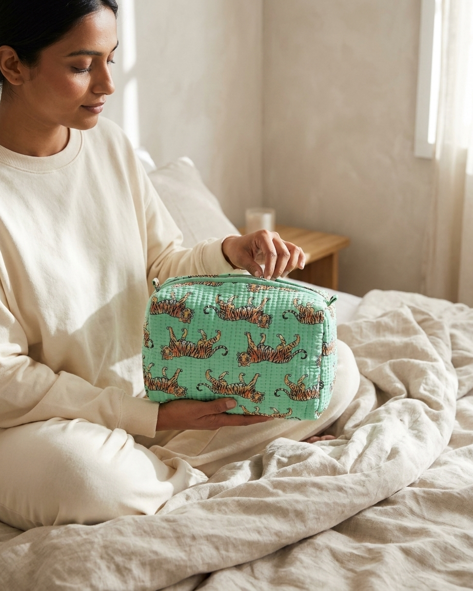 Tiger Block Printed Toiletry Kits - Set of 3