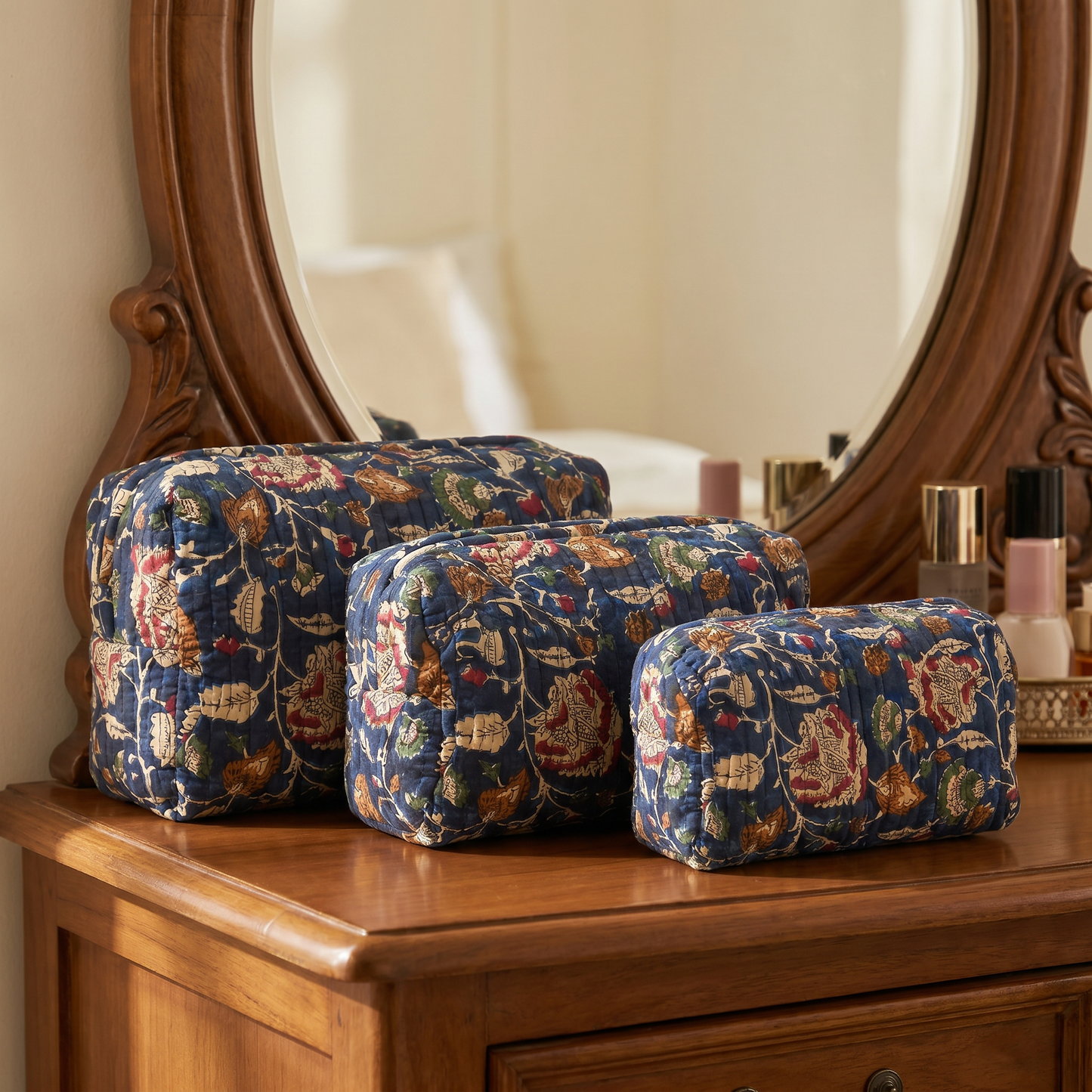 Midnight Blue Vintage Block Print Set of 3 Bags
