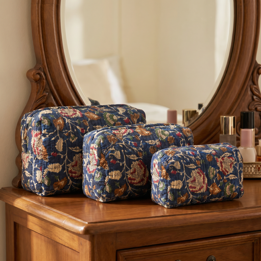 Midnight Blue Vintage Block Print Set of 3 Bags