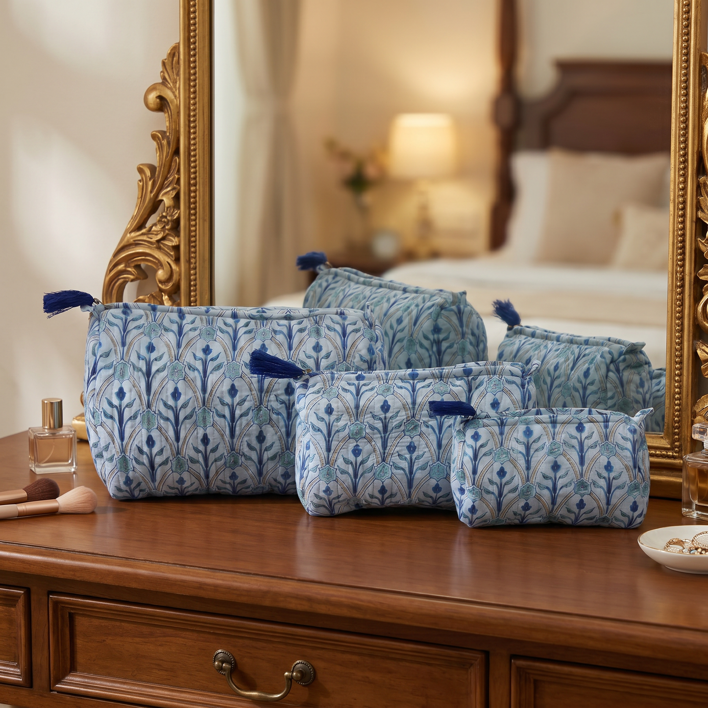 Royal Blue Block Print Set of 3 Bags
