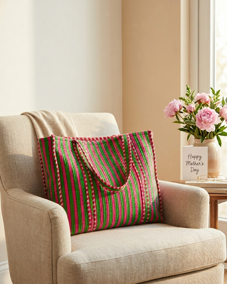 Pink & Green Striped Tote Bag