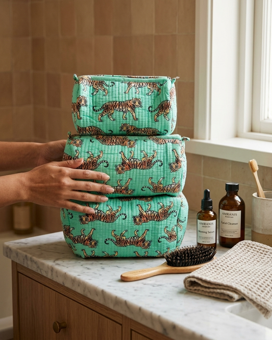 Tiger Block Printed Toiletry Kits - Set of 3