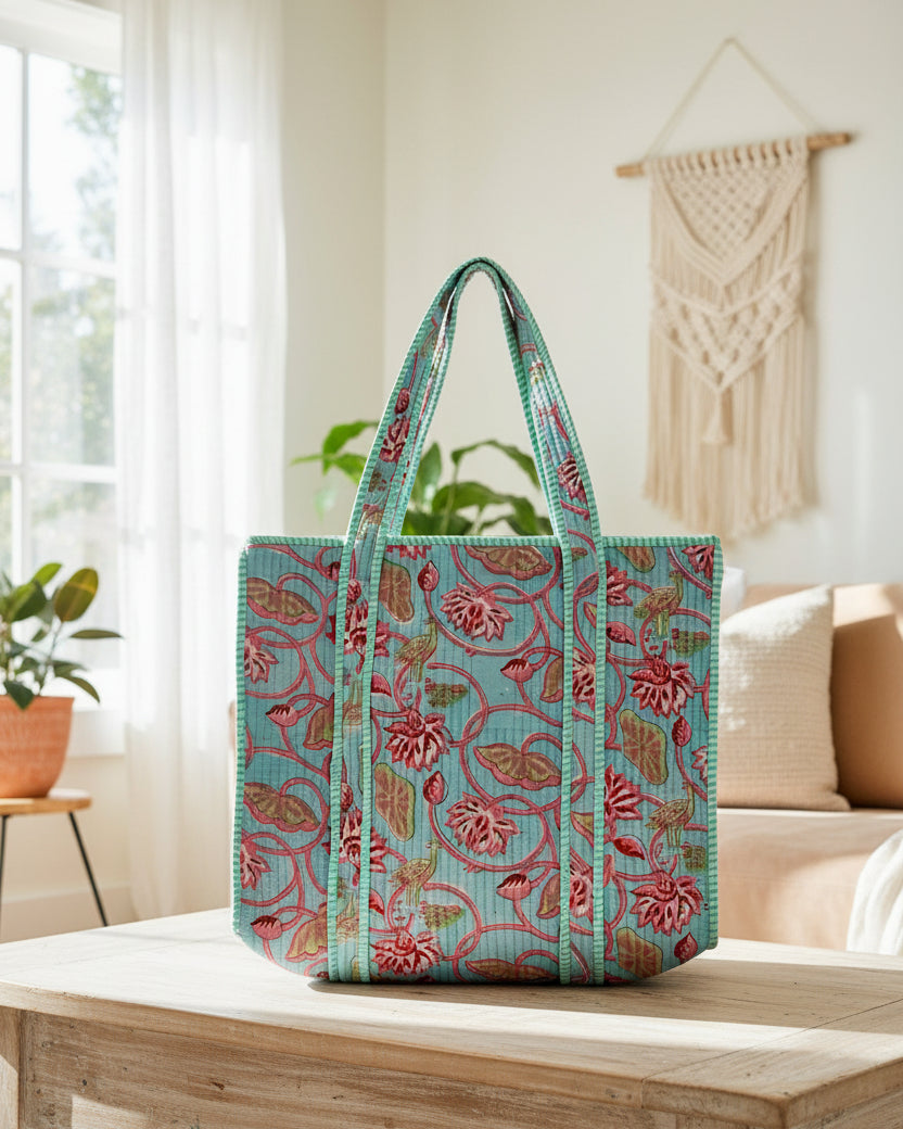 Block Printed Quilted Cotton Tote Bag