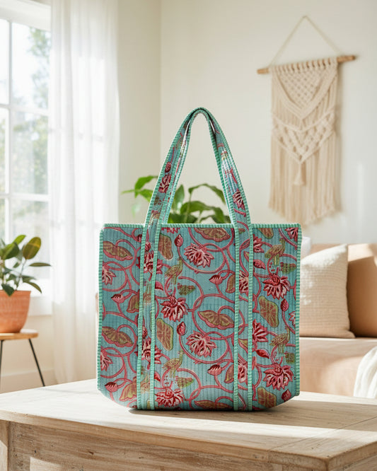 Block Printed Quilted Cotton Tote Bag