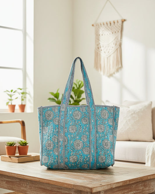 Handmade Blue Block Printed Reversible Tote Bag